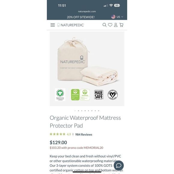 Naturepedic Organic Waterproof Mattress Protector Pad CRIB SIZE! - Picture 1 of 5